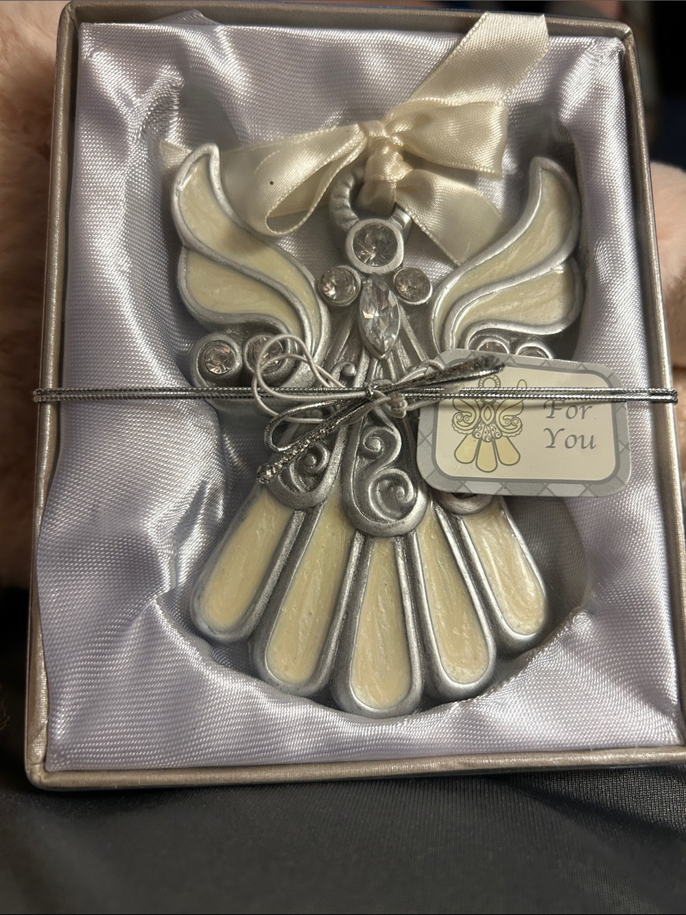 Cream Enamel and Silver tone Angel Ornament  with.Rhinestones - Gift Boxed